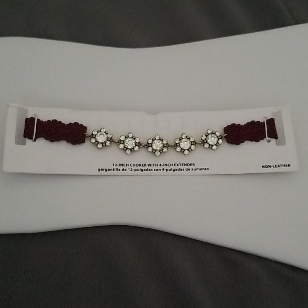 Faux Leather and Rhinestone Flower Choker